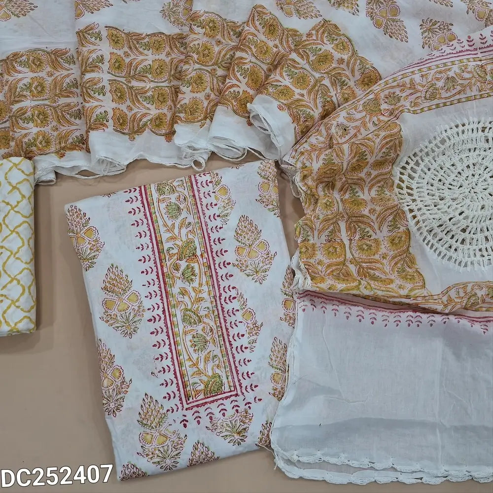 White soft cotton unstitched salwar material (lining needed) hand block printed allover, yellow printed cotton bottom, hand block printed, crochet work on mul cotton dupatta. DC252407