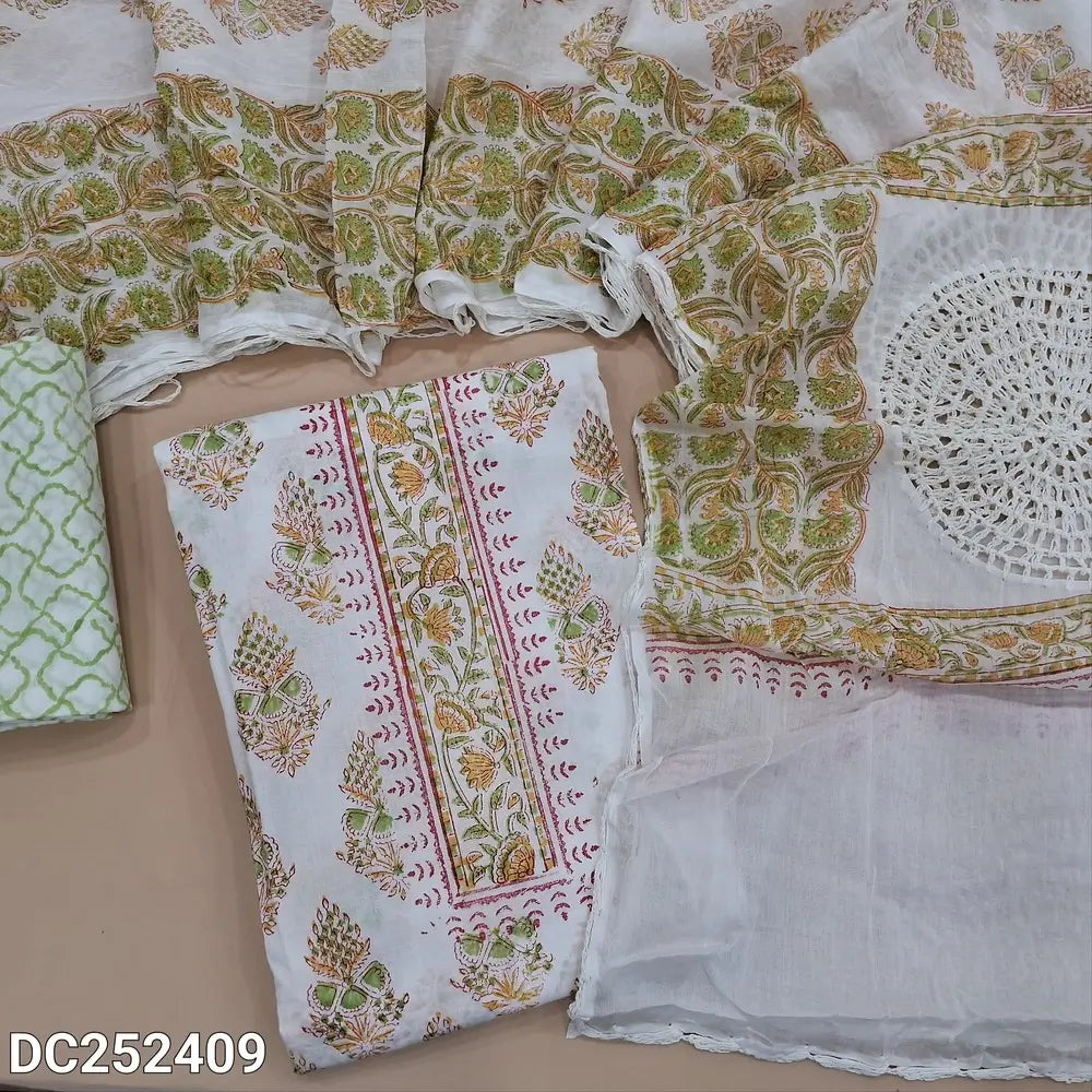 White soft cotton unstitched salwar material (lining needed) hand block printed allover, green printed cotton bottom,  hand block printed, crochet work on mul cotton dupatta. DC252409