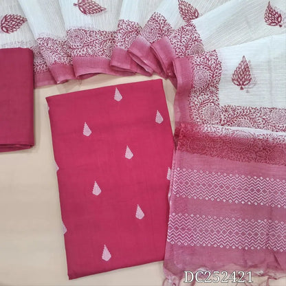Pink south handloom cotton unstitched salwar material (lining needed) thread woven buttas allover, matching drum dyed cotton lining provided, NO BOTTOM, block printed kota silk cotton dupatta. DC252421