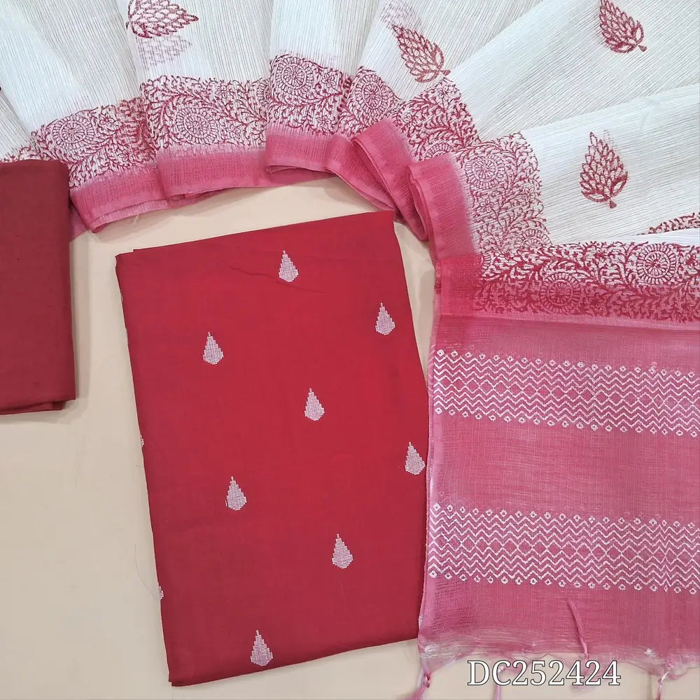 Red south handloom cotton unstitched salwar material (lining needed) thread woven buttas allover, matching drum dyed cotton lining provided, NO BOTTOM, block printed kota silk cotton dupatta. DC252424