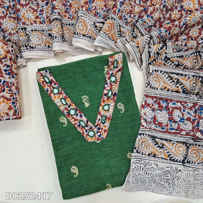 Premium leafy Green handloom cotton unstitched salwar material (lining needed) kalamkari patch, real mirror wok on yoke, kalamkari cotton bottom, kalamkari mu l cotton dupatta(TAPING NEEDED). DC252417