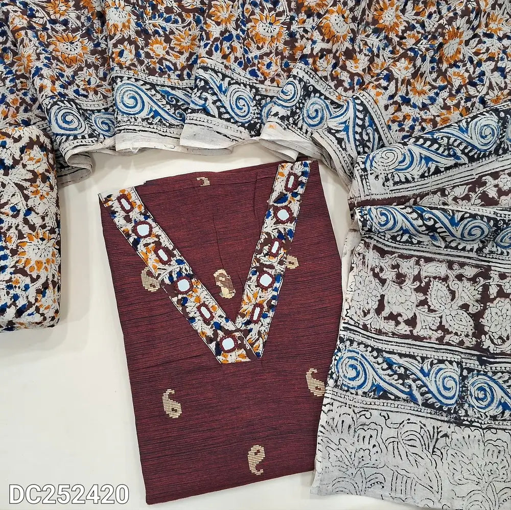 Premium dark Maroon handloom cotton unstitched salwar material (lining needed) kalamkari patch, real mirror wok on yoke, kalamkari cotton bottom, kalamkari mu l cotton dupatta(TAPING NEEDED). DC252420