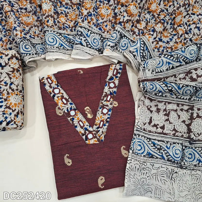 Premium dark Maroon handloom cotton unstitched salwar material (lining needed) kalamkari patch, real mirror wok on yoke, kalamkari cotton bottom, kalamkari mu l cotton dupatta(TAPING NEEDED). DC252420