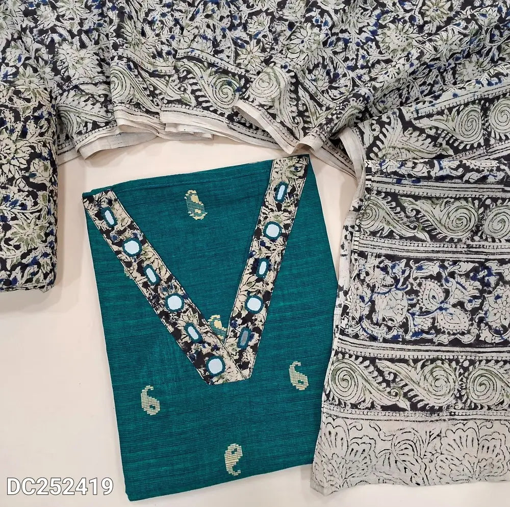 Premium teal Blue handloom cotton unstitched salwar material (lining needed) kalamkari patch, real mirror wok on yoke, kalamkari cotton bottom, kalamkari mu l cotton dupatta(TAPING NEEDED). DC252419