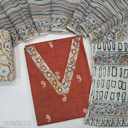 Premium brick Red handloom cotton unstitched salwar material (lining needed) kalamkari patch, real mirror wok on yoke, kalamkari cotton bottom, kalamkari mu l cotton dupatta(TAPING NEEDED). DC252418