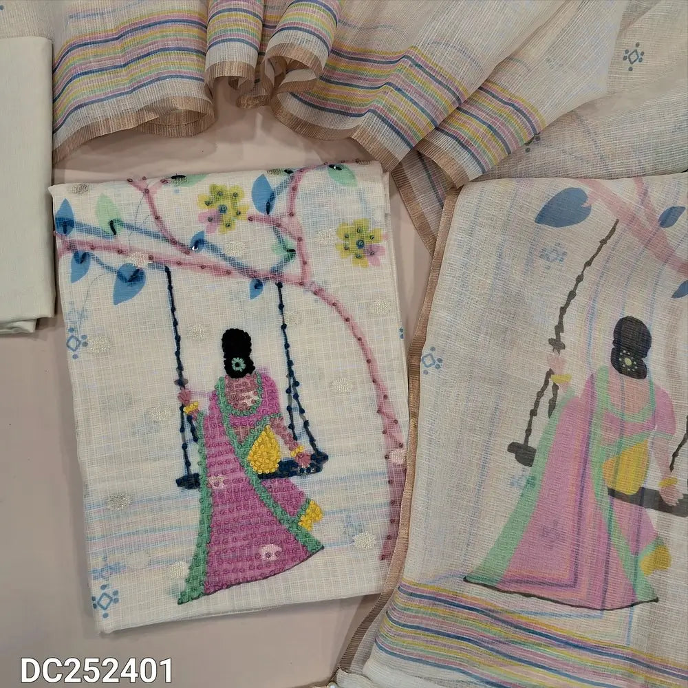 Digital printed half White kota silk cotton unstitched salwar material (lining needed) hand embroidery on daman, zari buttas allover, matching spun cotton bottom, digital print kota silk cotton dupatta. DC252401