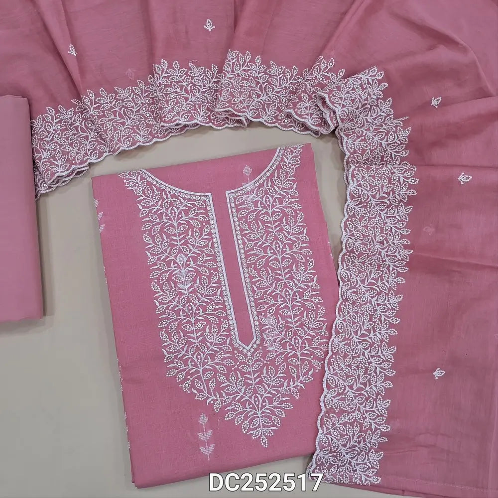 Premium pastel Pink soft pure cotton unstitched salwar material (lining needed) embroidery work on front, matching soft cotton bottom, embroidery work on  soft mul cotton short width dupatta. DC252517
