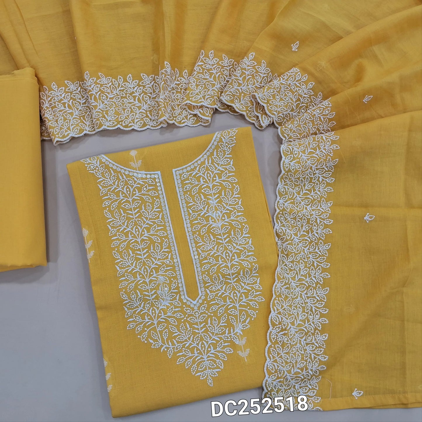 Premium bright Yellow soft pure cotton unstitched salwar material (lining needed) embroidery work on front, matching soft cotton bottom, embroidery work on  soft mul cotton short width dupatta. DC252518