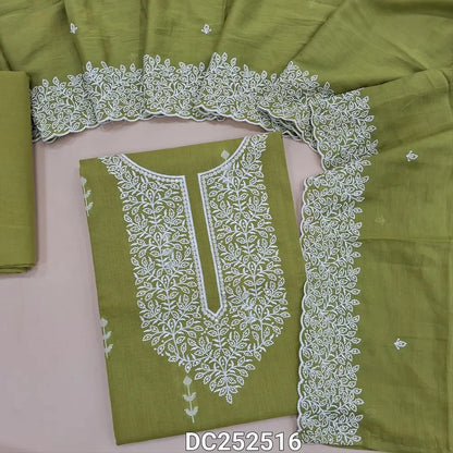 Premium light mossy Green soft pure cotton unstitched salwar material (lining needed) embroidery work on front, matching soft cotton bottom, embroidery work on  soft mul cotton short width dupatta. DC252516