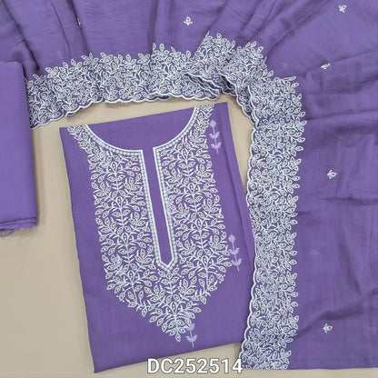 Premium lavender soft pure cotton unstitched salwar material (lining needed) embroidery work on front, matching soft cotton bottom, embroidery work on  soft mul cotton short width dupatta. DC252514