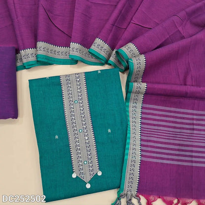 Turquoise Blue premium south handloom cotton unstitched salwar material (lining needed) zari weaving border on yoke,purple handloom cotton bottom,  dual shade handloom cotton dupatta. DC252502