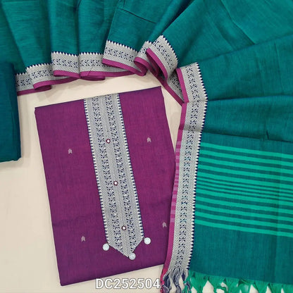 Purple premium south handloom cotton unstitched salwar material (lining needed) zari weaving border on yoke, teal blue handloom cotton bottom,  dual shade handloom cotton dupatta. DC252504