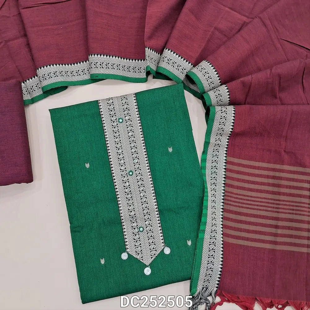 Bottle Green premium south handloom cotton unstitched salwar material (lining needed) zari weaving border on yoke, dark maroon handloom cotton bottom,  dual shade handloom cotton dupatta. Dc252505
