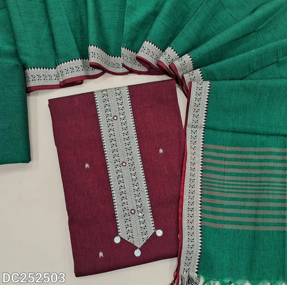 Maroon premium south handloom cotton unstitched salwar material (lining needed) zari weaving border on yoke, bottle green handloom cotton bottom,  dual shade handloom cotton dupatta. DC252503