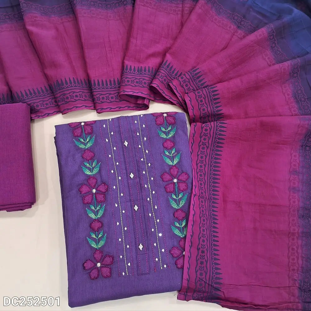 Designer Purple soft handloom cotton unstitched salwar material (lining needed) embroidery, applique, sequins work on yoke, pink handloom cotton bottom, pink & blue block printed soft cotton dupatta. DC252501