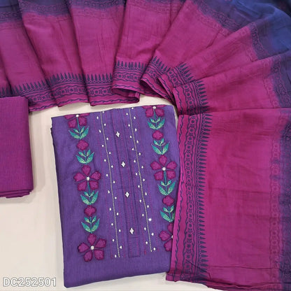 Designer Purple soft handloom cotton unstitched salwar material (lining needed) embroidery, applique, sequins work on yoke, pink handloom cotton bottom, pink & blue block printed soft cotton dupatta. DC252501