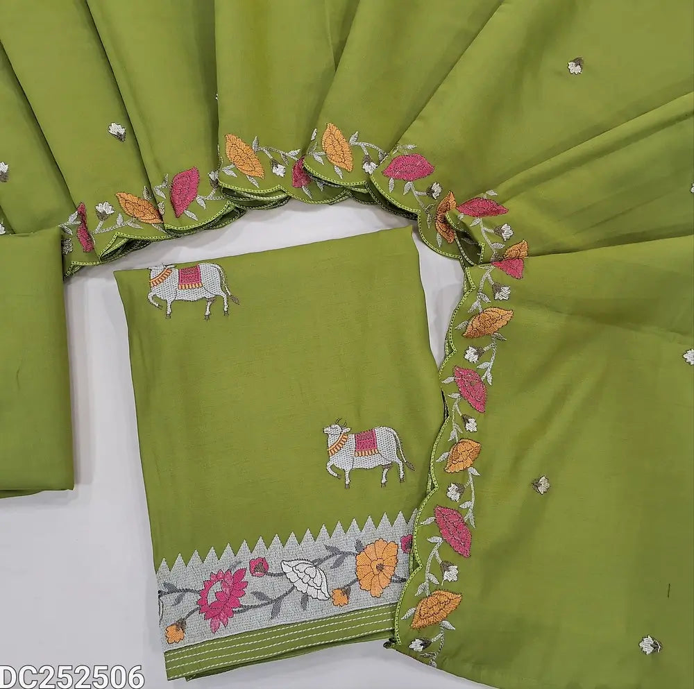 Mossy Green Premium soft silk cotton unstitched salwar material (lining needed) pichwai embroidery work on front, matching silk cotton bottom, embroidery work on soft silk cotton dupatta with scalped borders. DC252506