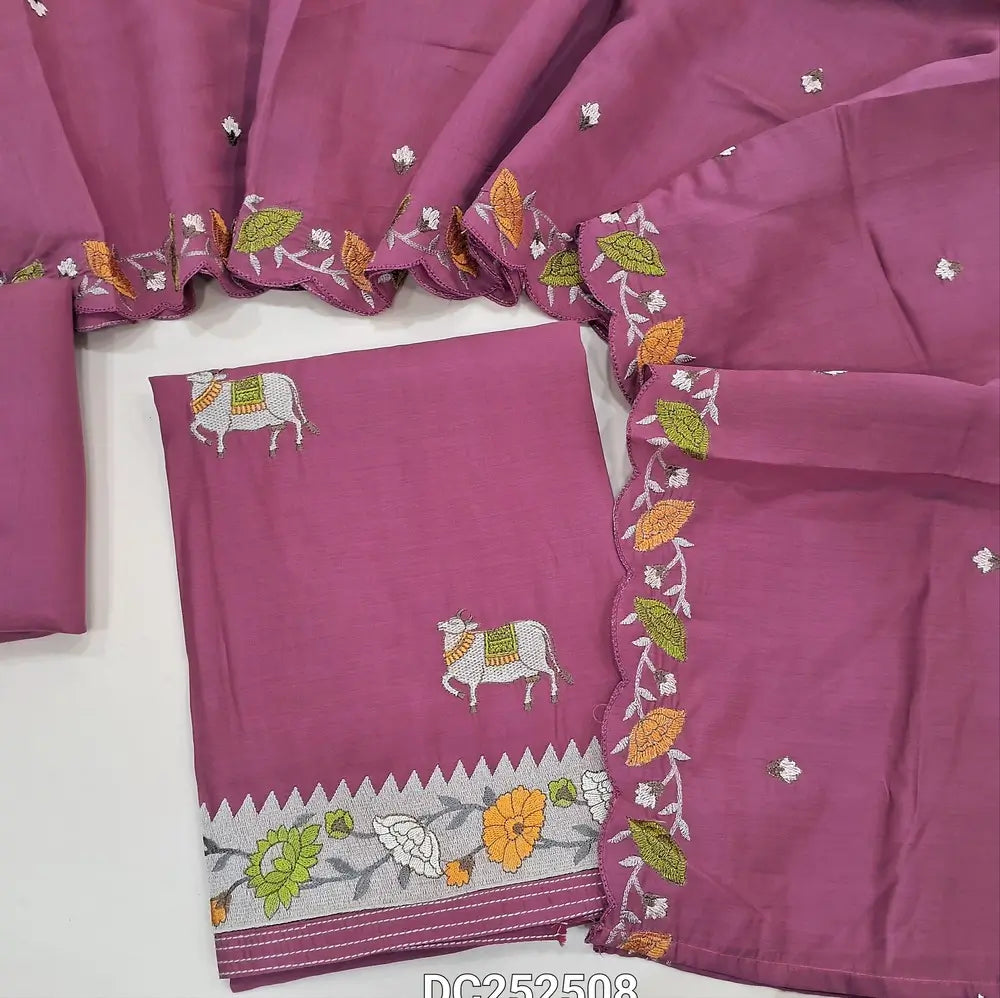 Pink Premium soft silk cotton unstitched salwar material (lining needed) pichwai embroidery work on front, matching silk cotton bottom, embroidery work on soft silk cotton dupatta with scalped borders. DC252508