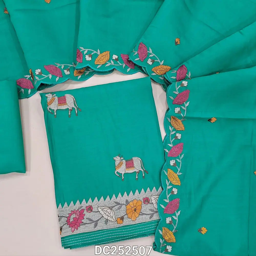 Turquoise Blue Premium soft silk cotton unstitched salwar material (lining needed) pichwai embroidery work on front, matching silk cotton bottom, embroidery work on soft silk cotton dupatta with scalped borders. DC252507