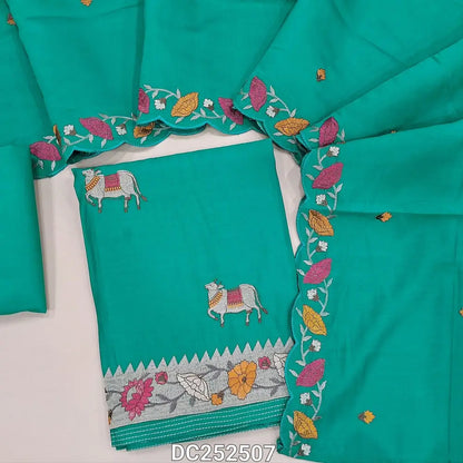 Turquoise Blue Premium soft silk cotton unstitched salwar material (lining needed) pichwai embroidery work on front, matching silk cotton bottom, embroidery work on soft silk cotton dupatta with scalped borders. DC252507