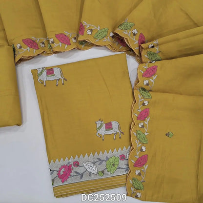 Fenugreek Yellow Premium soft silk cotton unstitched salwar material (lining needed) pichwai embroidery work on front, matching silk cotton bottom, embroidery work on soft silk cotton dupatta with scalped borders. DC252509