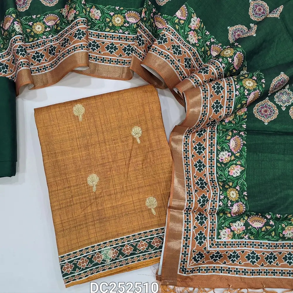 Premium mehandhi Yellow tussar silk unstitched salwar material (lining needed) zari buttas allover, dark green silk cotton bottom, digital printed tussar silk dupatta with tassels. DC252510