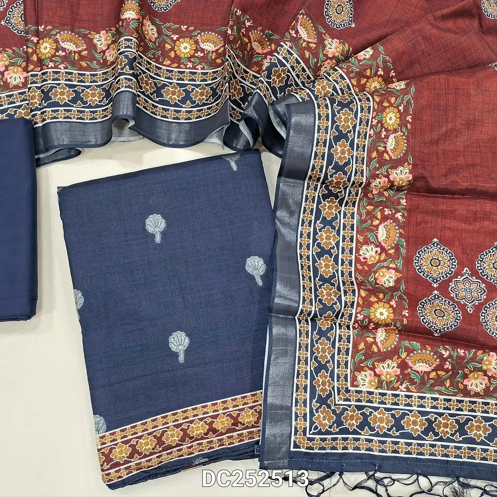 Premium dark Blue tussar silk unstitched salwar material (lining needed) zari buttas allover, dark maroon silk cotton bottom, digital printed tussar silk dupatta with tassels. DC252513