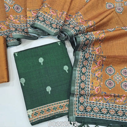 Premium dark Green tussar silk unstitched salwar material (lining needed) zari buttas allover, mehandhi yellow silk cotton bottom, digital printed tussar silk dupatta with tassels. DC252512