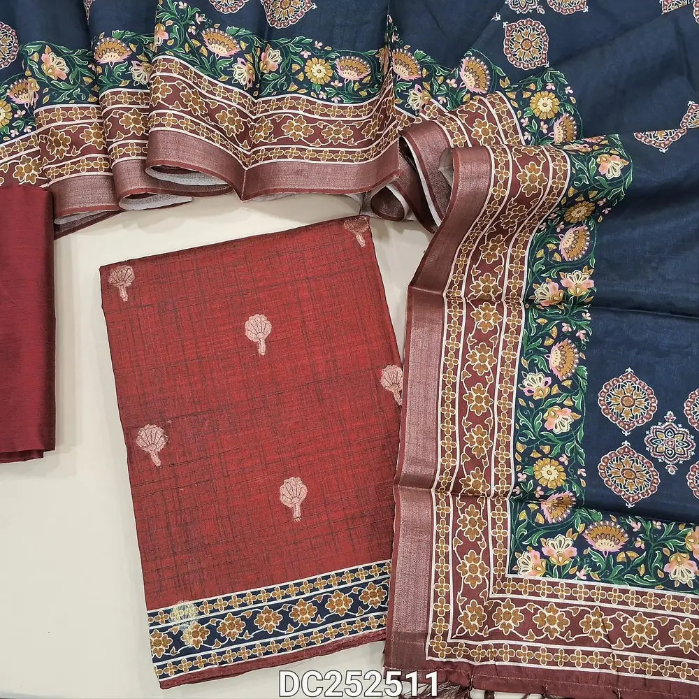 Premium dark Maroon tussar silk unstitched salwar material (lining needed) zari buttas allover, dark blue silk cotton bottom, digital printed tussar silk dupatta with tassels. DC252511