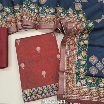 Premium dark Maroon tussar silk unstitched salwar material (lining needed) zari buttas allover, dark blue silk cotton bottom, digital printed tussar silk dupatta with tassels. DC252511