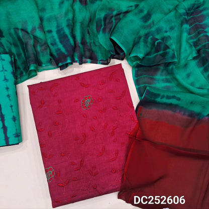 Reddish Maroon pure cotton unstitched salwar material (lining needed) heavy embroidery work on front, shibori dyed green cotton bottom, shibori dyed premium chiffon dupatta. DC252606