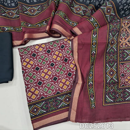 Premium dark Maroon premium silk cotton unstitched salwar material (lining needed) patola printed allover, black spun cotton bottom, patola printed premium silk cotton dupatta. DC252613