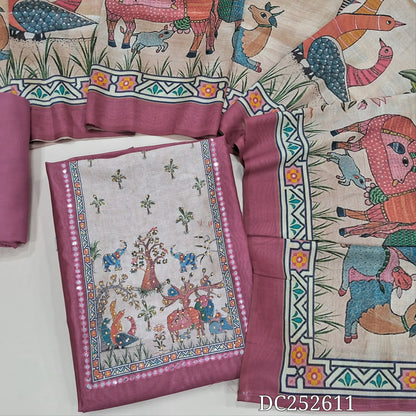 Digital Printed Pink silk cotton unstitched salwar material (lining needed) digital print, faux mirror work on yoke, matching spun cotton bottom, digital animal printed silk cotton dupatta. DC252611