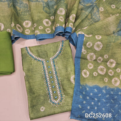 Premium light Green jute silk unstitched salwar material (textured, lining needed) bandhini print, bead work on yoke, matching silky bottom, bandhini printed dual shade jute silk cotton dupatta. DC252608