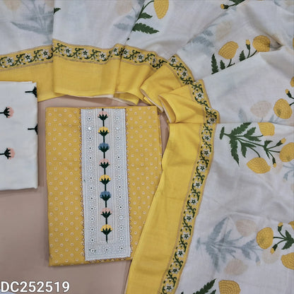 Printed pastel Yellow soft cotton unstitched salwar material (lining needed) embroidery work on yoke, half white cotton bottom, with embroidery, printed soft mul cotton dupatta (TAPING NEEDED). DC252519