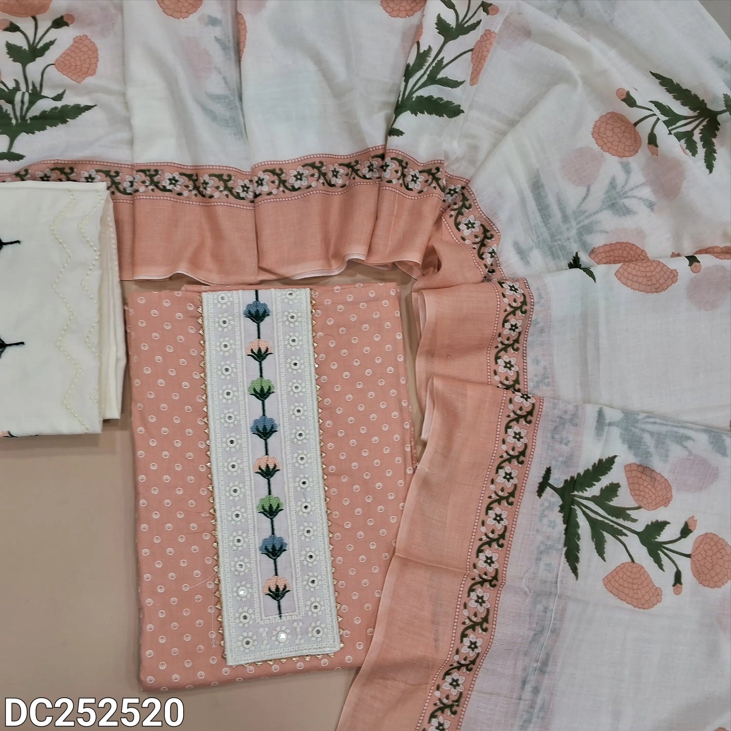Printed peachish Pink soft cotton unstitched salwar material (lining needed) embroidery work on yoke, half white cotton bottom, with embroidery, printed soft mul cotton dupatta (TAPING NEEDED). DC252520