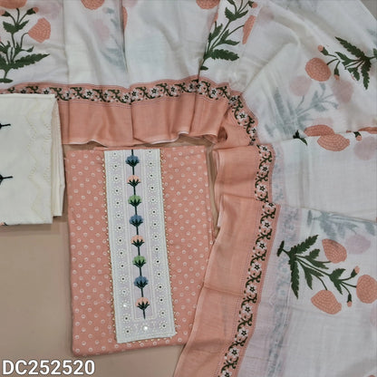 Printed peachish Pink soft cotton unstitched salwar material (lining needed) embroidery work on yoke, half white cotton bottom, with embroidery, printed soft mul cotton dupatta (TAPING NEEDED). DC252520