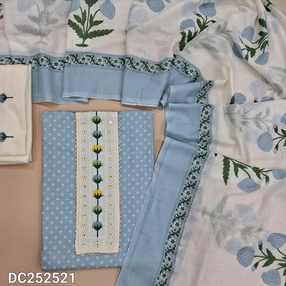 Printed powder Blue soft cotton unstitched salwar material (lining needed) embroidery work on yoke, half white cotton bottom, with embroidery, printed soft mul cotton dupatta (TAPING NEEDED). DC252521