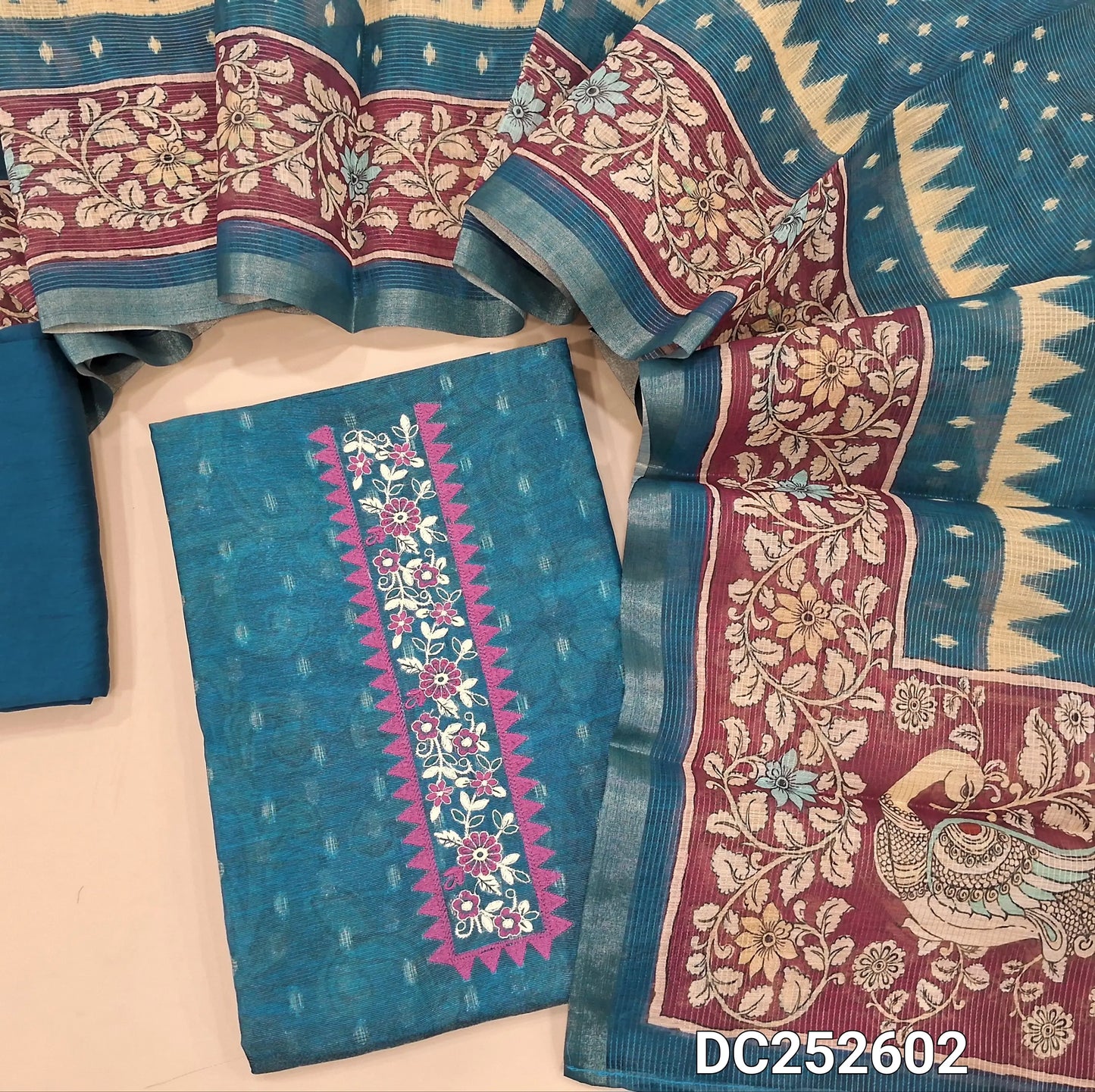 Premium dark Blue & golden tint  premium tissue silk cotton unstitched salwar material (lining needed) embroidery work on yoke, matching silky bottom, digital printed tissue silk cotton dupatta. DC252602
