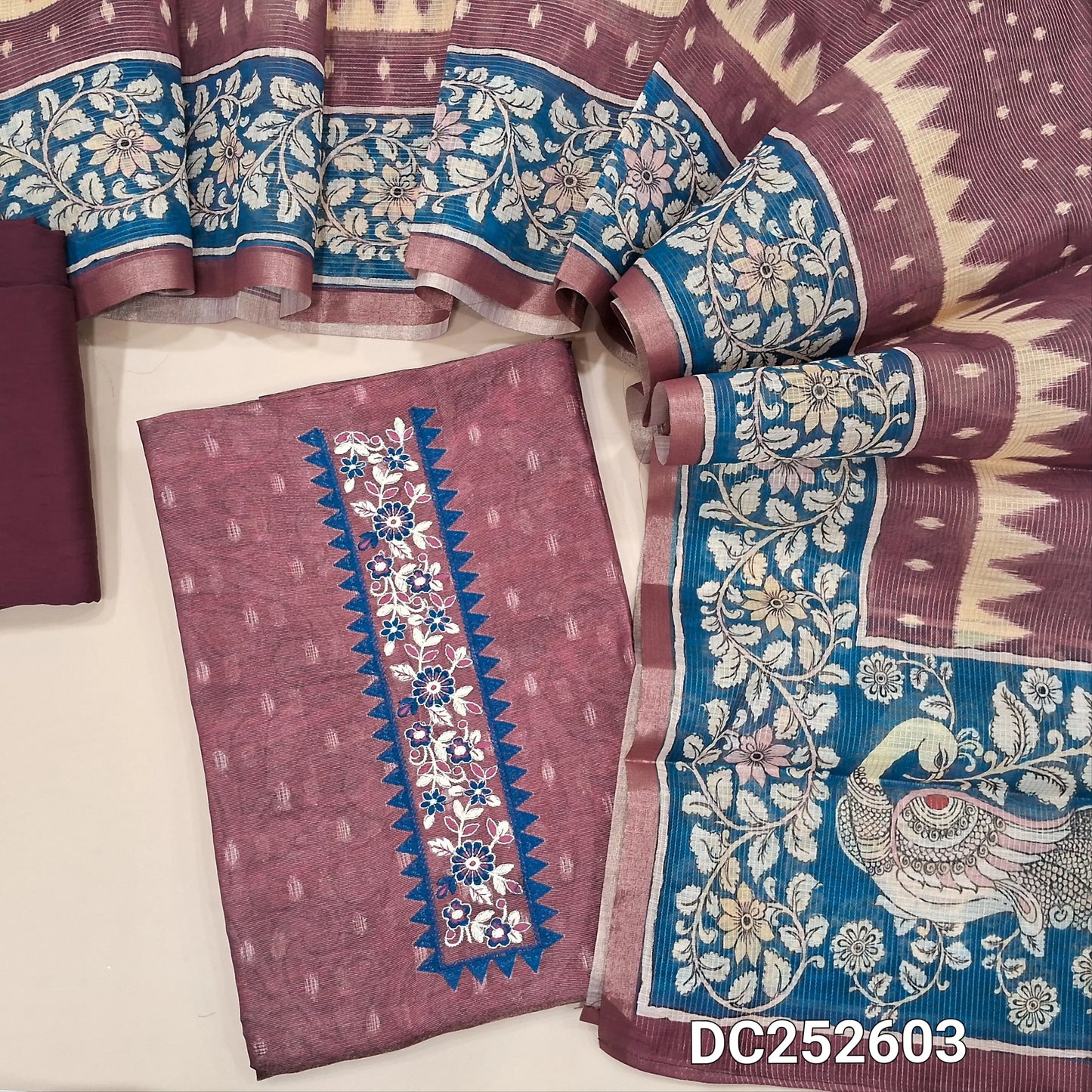 Premium beetroot Purple & golden tint  premium tissue silk cotton unstitched salwar material (lining needed) embroidery work on yoke, matching silky bottom, digital printed tissue silk cotton dupatta. DC252603