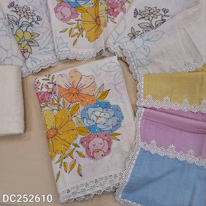Designer half White premium pure linen unstitched salwar material (lining needed) digital floral printed allover, v neck, bead work on front. matching cotton bottom, applique, print on short width pure linen dupatta. DC252610