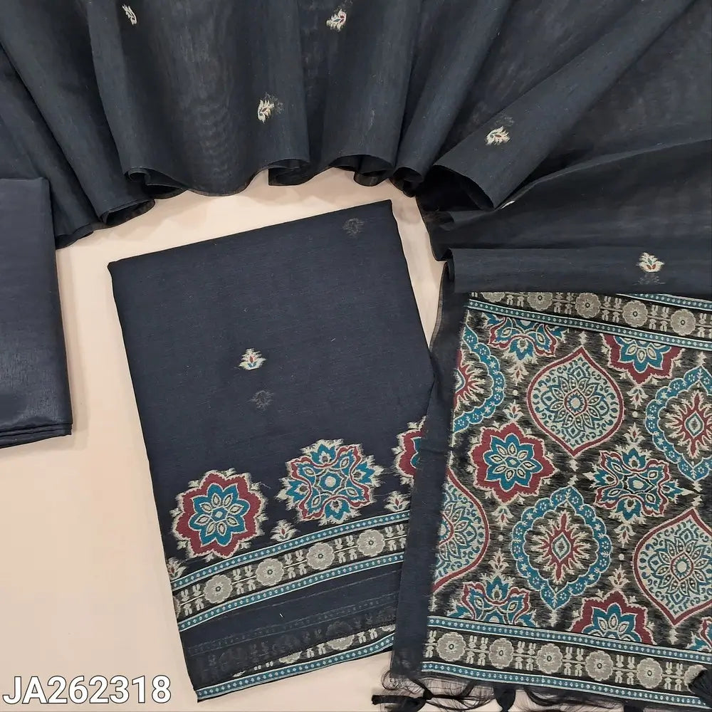 Premium Black jamdani woven silk cotton unstitched salwar material(lining needed) ajrak jamdani woven daman, matching silky bottom, thread woven buttas on silk cotton full length dupatta with jamdani woven pallu & tassels. JA262318