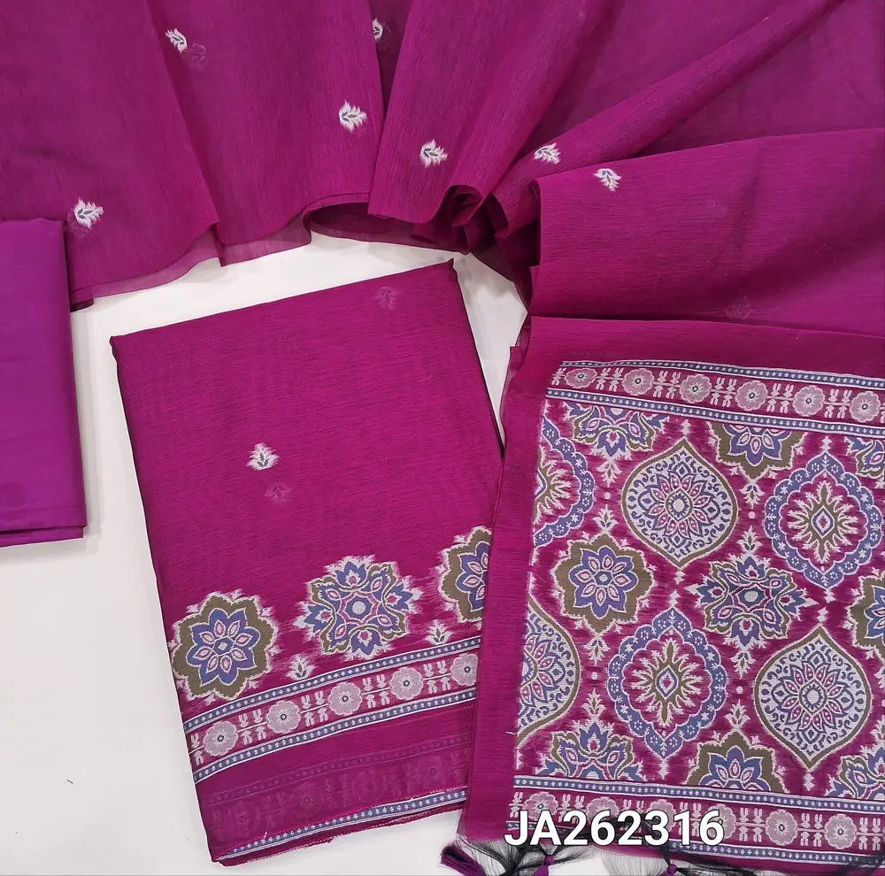 Premium light beetroot Purple jamdani woven silk cotton unstitched salwar material(lining needed) ajrak jamdani woven daman, matching silky bottom, thread woven buttas on silk cotton full length dupatta with jamdani woven pallu & tassels. JA262316