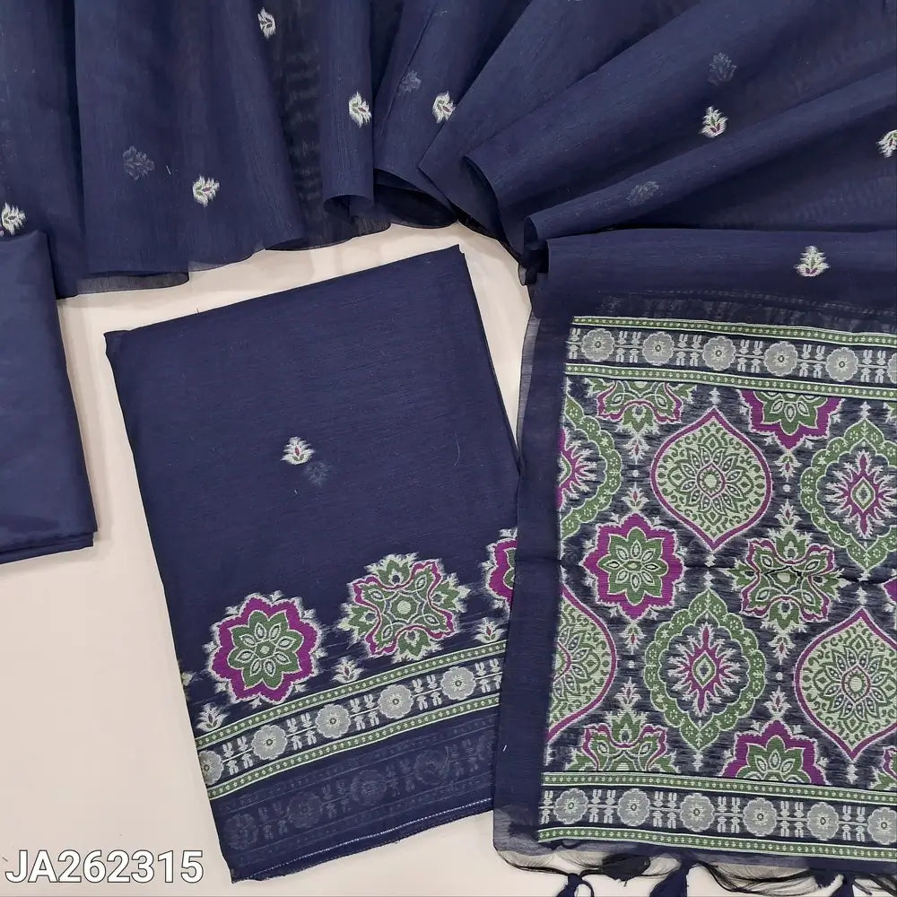 Premium dark Blue jamdani woven silk cotton unstitched salwar material(lining needed) ajrak jamdani woven daman, matching silky bottom, thread woven buttas on silk cotton full length dupatta with jamdani woven pallu & tassels. JA262315