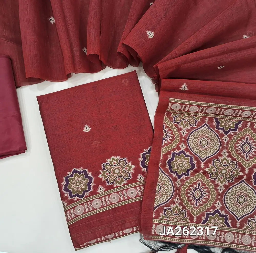 Premium Reddish Maroon jamdani woven silk cotton unstitched salwar material(lining needed) ajrak jamdani woven daman, matching silky bottom, thread woven buttas on silk cotton full length dupatta with jamdani woven pallu & tassels. JA262317