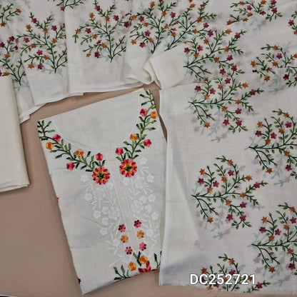 Half White soft cotton unstitched salwar material(lining needed) colorful embroidery work on front, matching cotton provided for lining or bottom, floral printed cotton dupatta.(TAPING NEEDED)DC252721