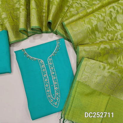 Turquoise Blue soft silk cotton unstitched salwar material(lining needed) bead, zardozi work on yoke, matching soft silk cotton bottom,  heavy benarasi weaving green silk cotton dupatta with tassels. DC252711