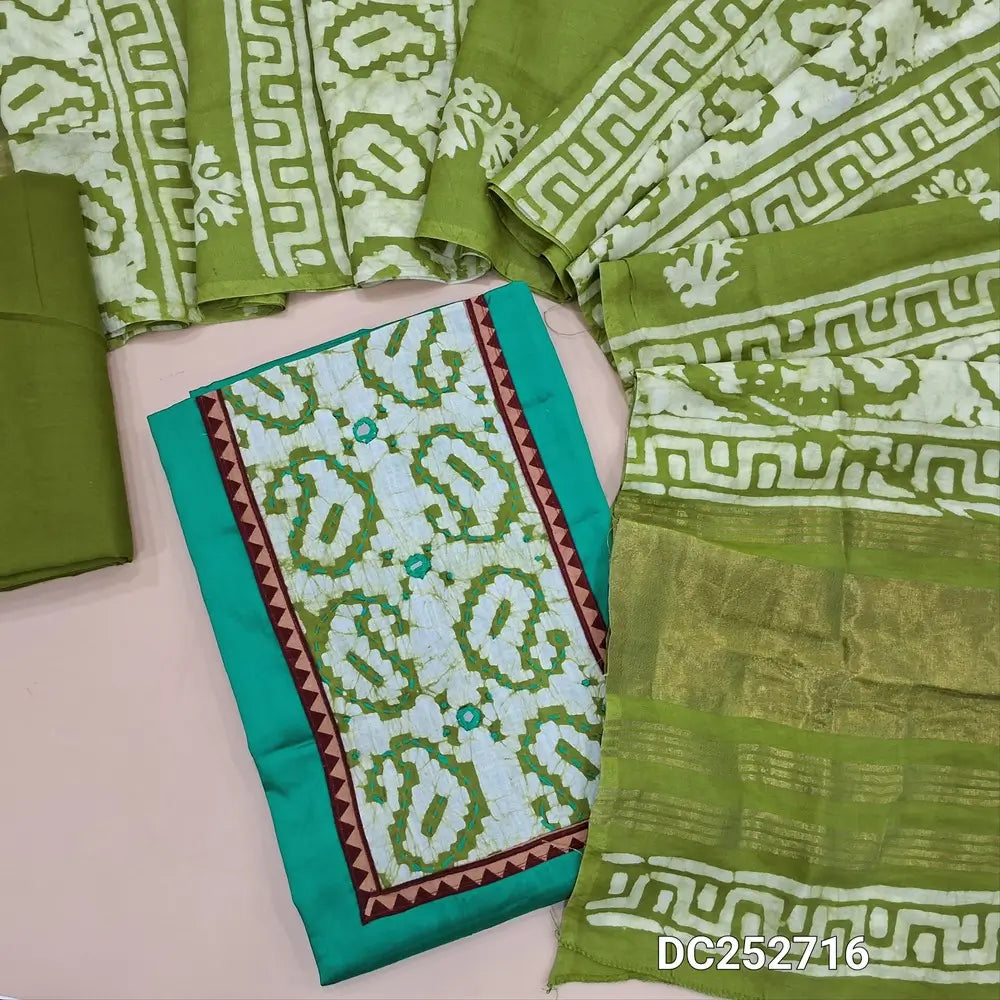 Turquoise Blue satin cotton unstitched salwar material(lining optional) wax batik dyed on yoke, mossy green cotton bottom, wax batik dyed soft silk cotton dupatta. DC252716