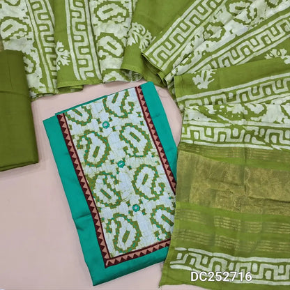 Turquoise Blue satin cotton unstitched salwar material(lining optional) wax batik dyed on yoke, mossy green cotton bottom, wax batik dyed soft silk cotton dupatta. DC252716