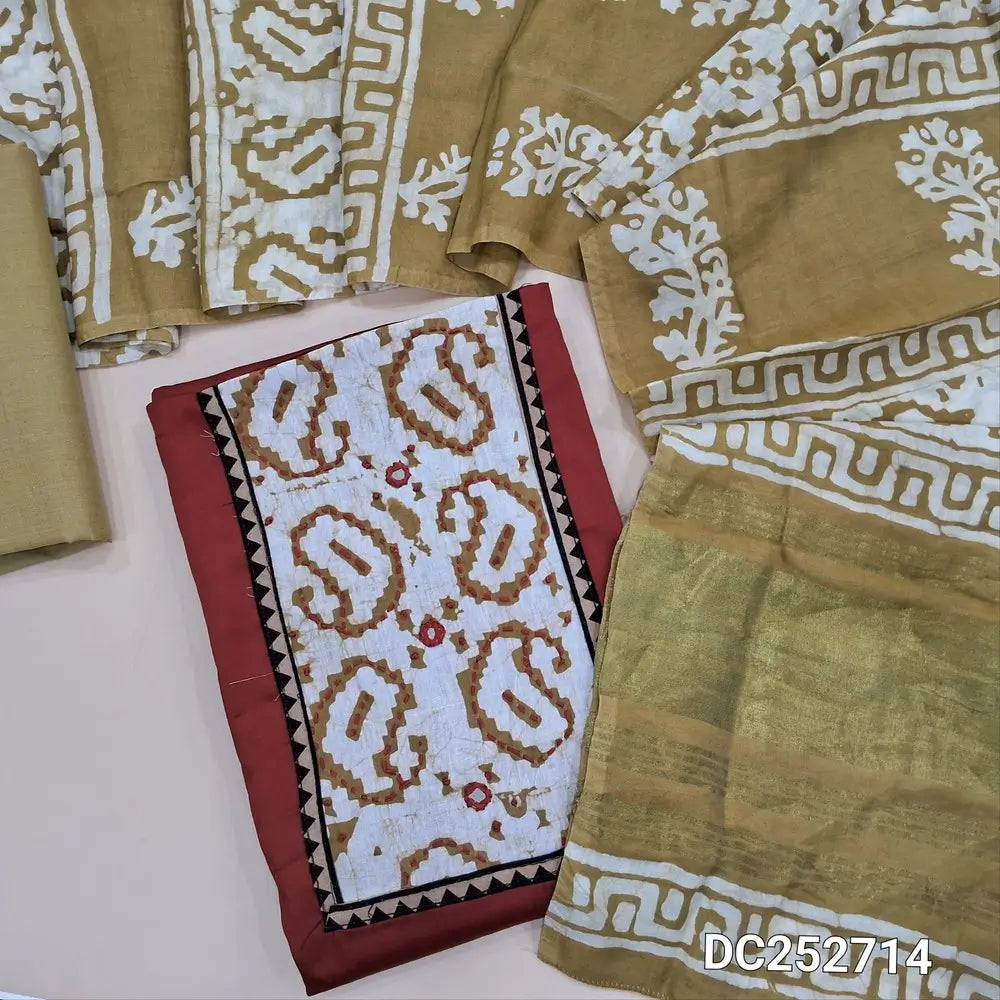 Brick Red satin cotton unstitched salwar material(lining optional) wax batik dyed on yoke, beige cotton bottom, wax batik dyed soft silk cotton dupatta. DC252714